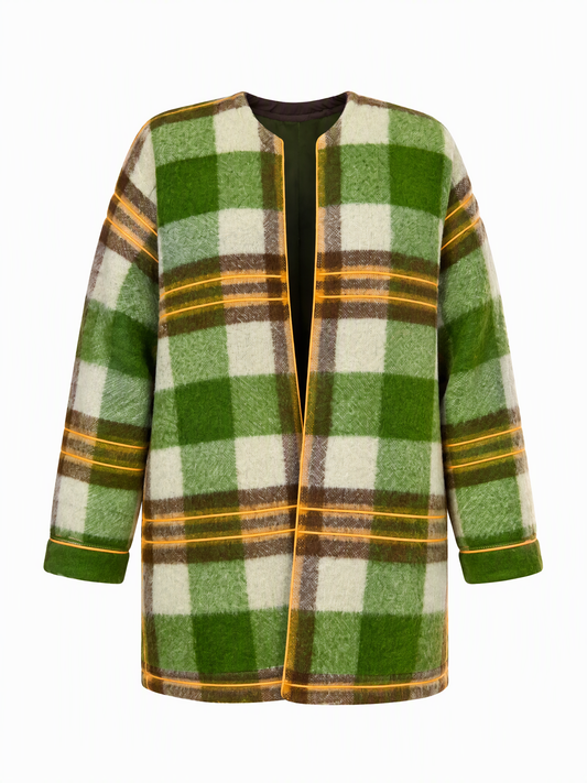 Studio Wunderbar Boxy woolen green coat with orange checks