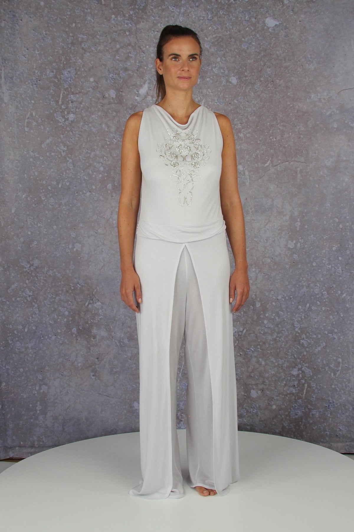 Soft Falling Jumpsuit with Embroidered Waterfall Collar