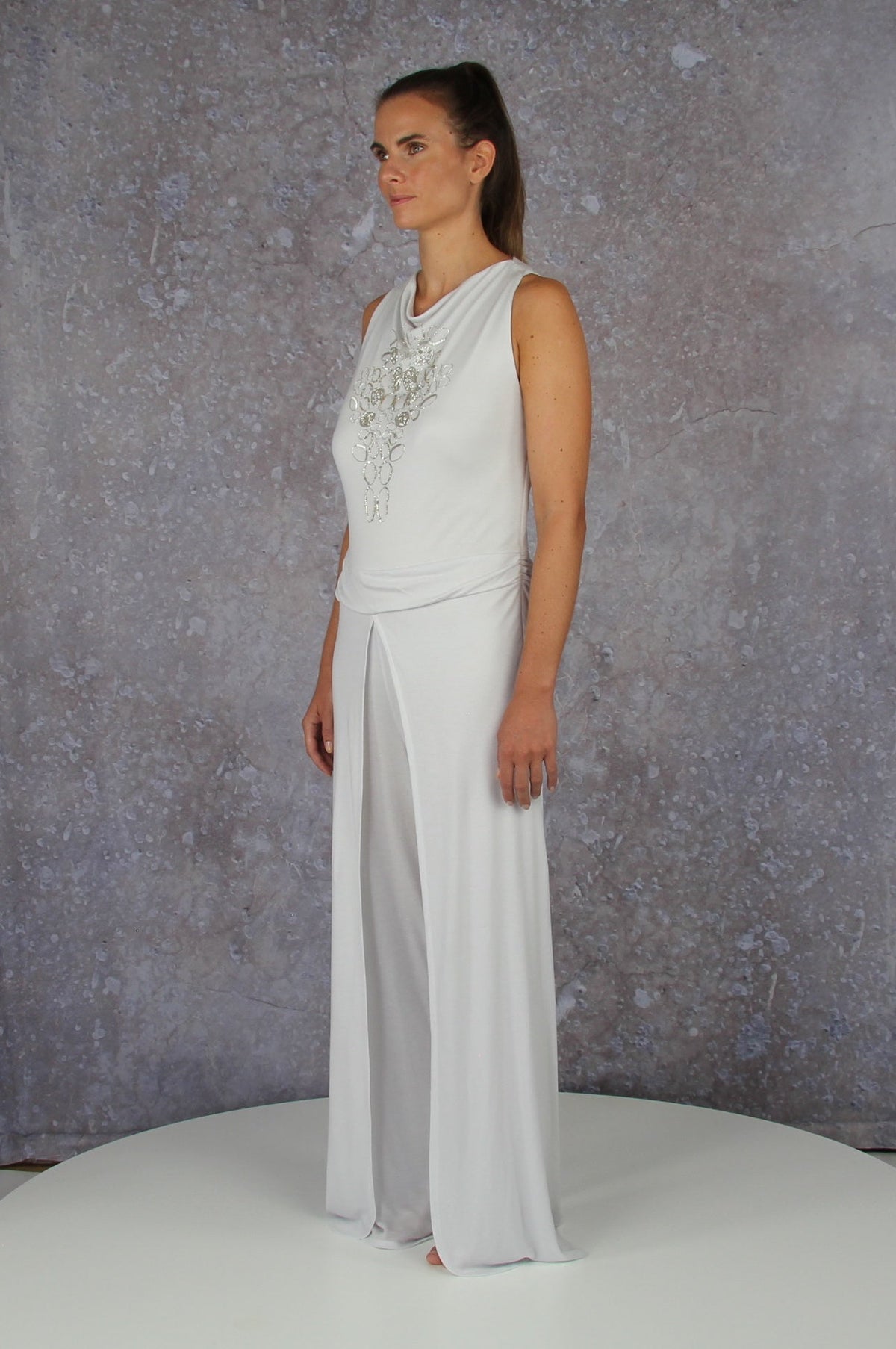 Soft Falling Jumpsuit with Embroidered Waterfall Collar