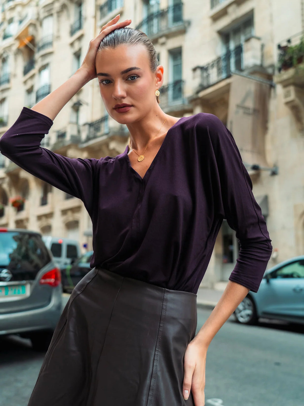 V-Neck Shirt Olia – Modal Jersey, Burgundy