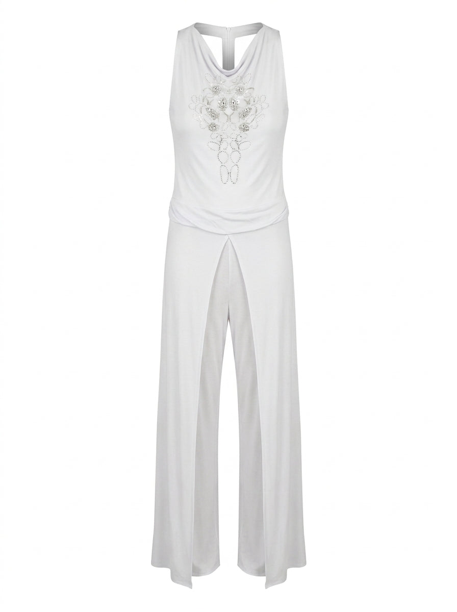 Soft Falling Jumpsuit with Embroidered Waterfall Collar