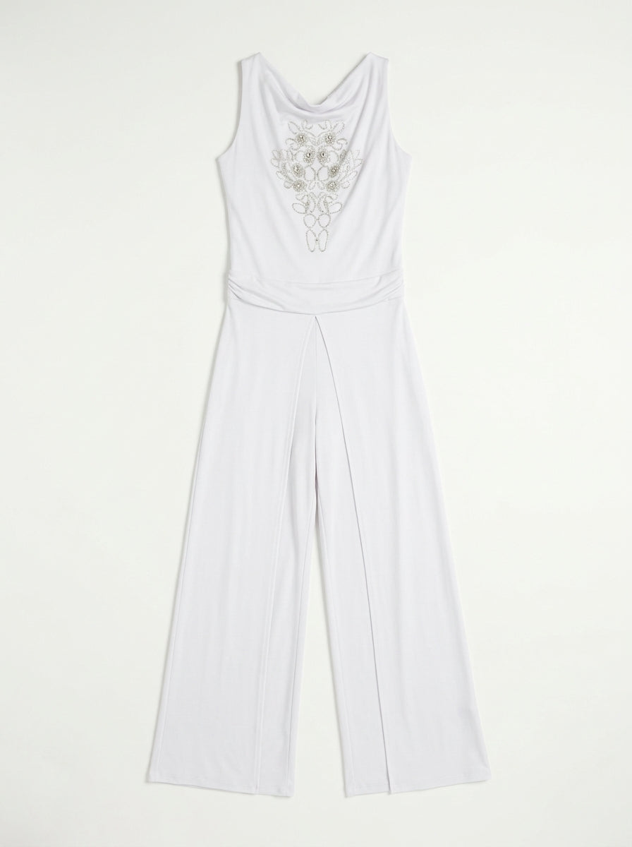Soft Falling Jumpsuit with Embroidered Waterfall Collar
